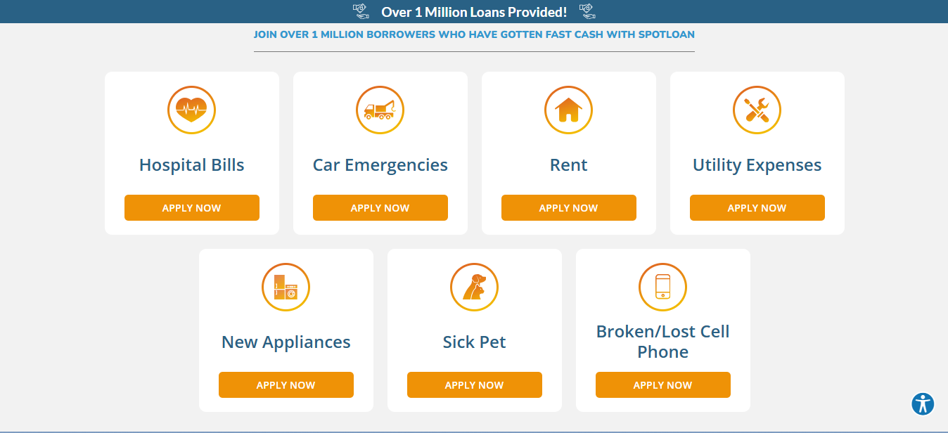 Spotloan Features and Benefits section displaying financial support options for hospital bills, car emergencies, rent, utility expenses, new appliances, sick pets, and lost or broken cell phones.