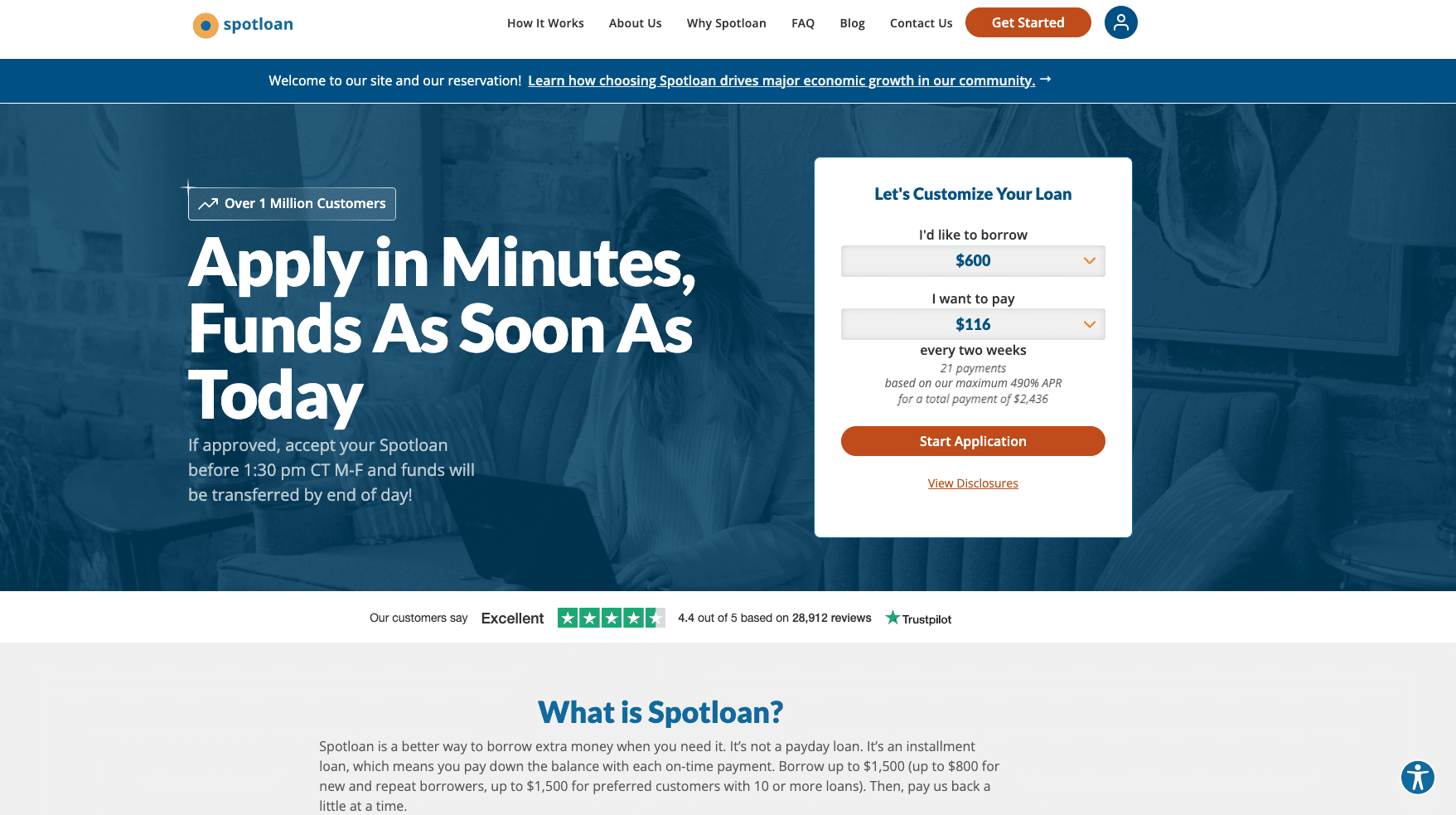 Spotloan homepage showcasing loan application options, with a banner stating 'Apply in Minutes, Funds As Soon As Today' and a loan calculator for customizing borrowing amounts and repayment terms.