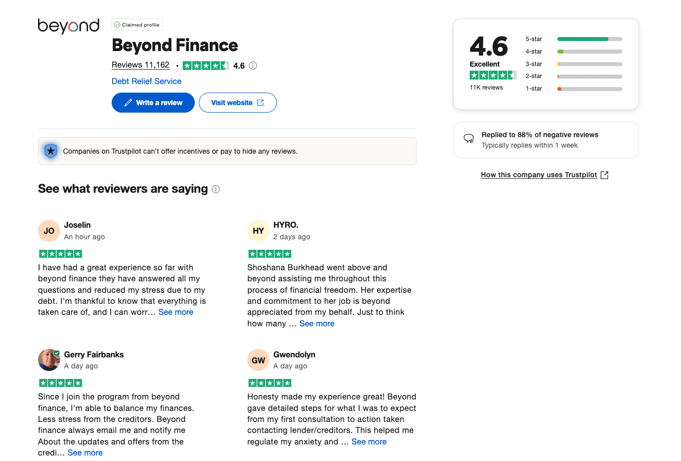 Screenshot of Beyond Finance reviews on Trustpilot with a 4.6-star rating and highlighted customer testimonials on debt settlement success