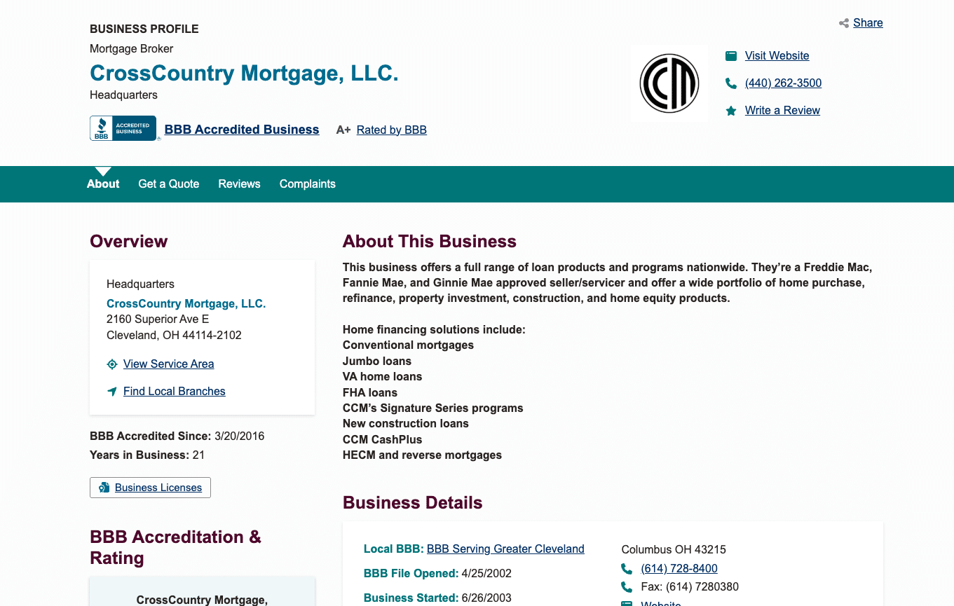 CrossCountry Mortgage Better Business Bureau profile showing company rating, business details, and home loan offerings such as FHA, VA, and jumbo loans