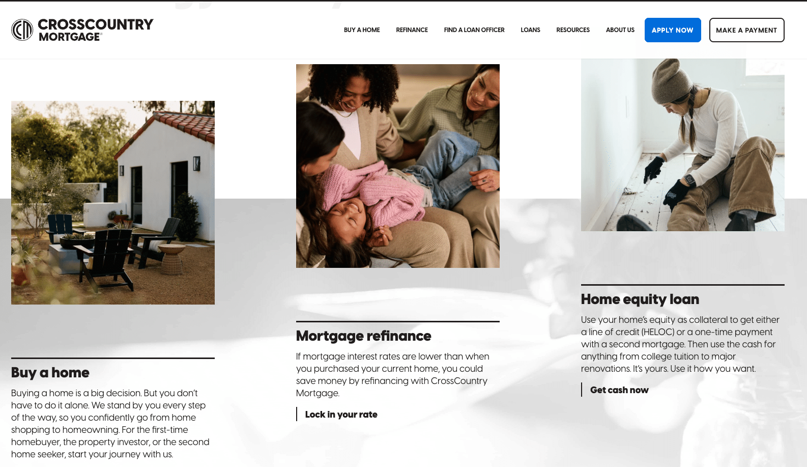 CrossCountry Mortgage website displaying services including buying a home, mortgage refinance, and home equity loans with supportive images of families and home improvement