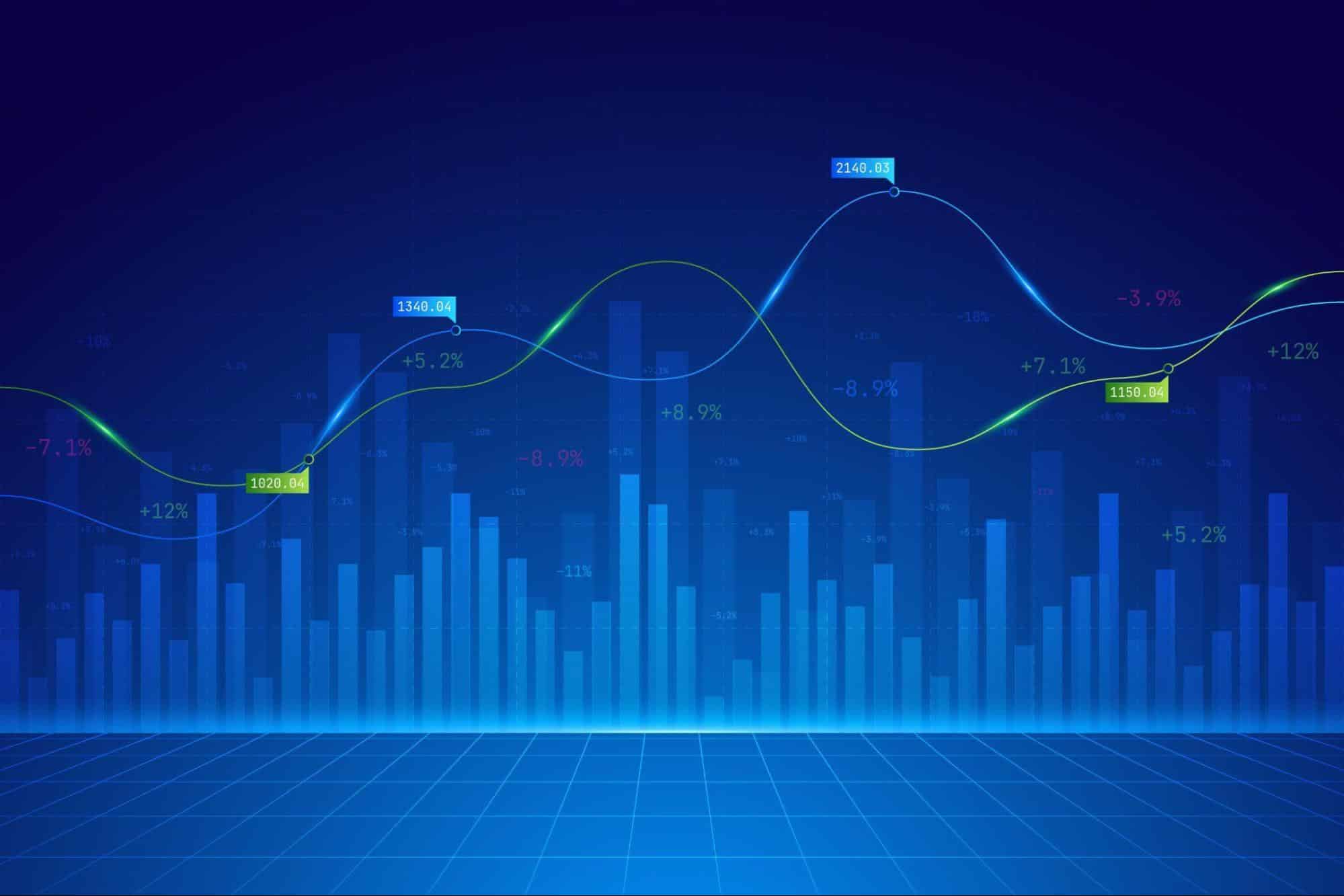 Graph showing cryptocurrency market trends with fluctuating price points, representing digital asset growth and volatility